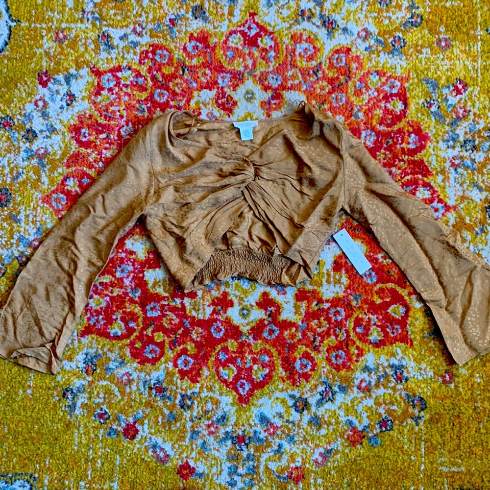 NWT KIRIOUS Los Angeles Gold Satin Leopard Print Blouse Size L